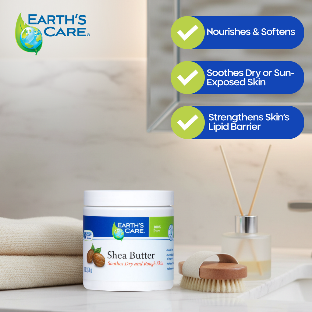 Earth's Care Shea Butter moisturizer jar displayed on a bathroom counter with folded towels, a reed diffuser, and a brush, alongside three blue feature callouts.