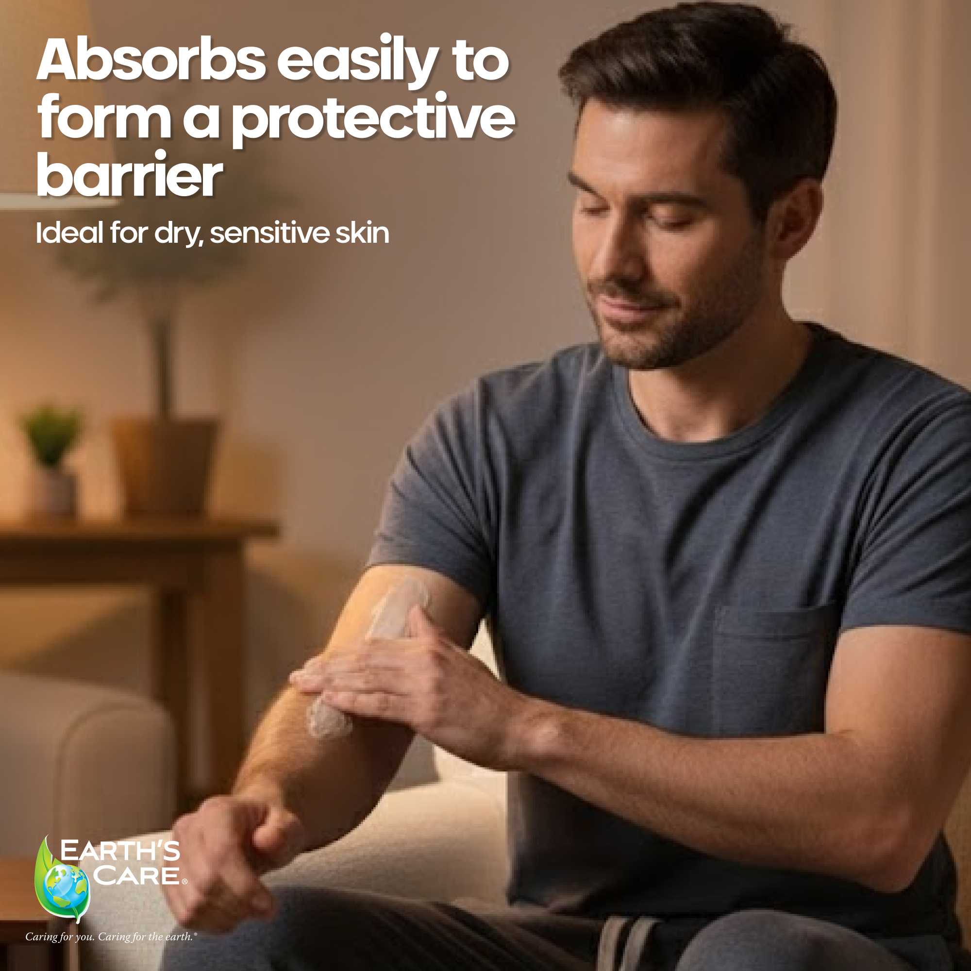 Man applying a product to his arm with text about absorbing easily to form a protective barrier.