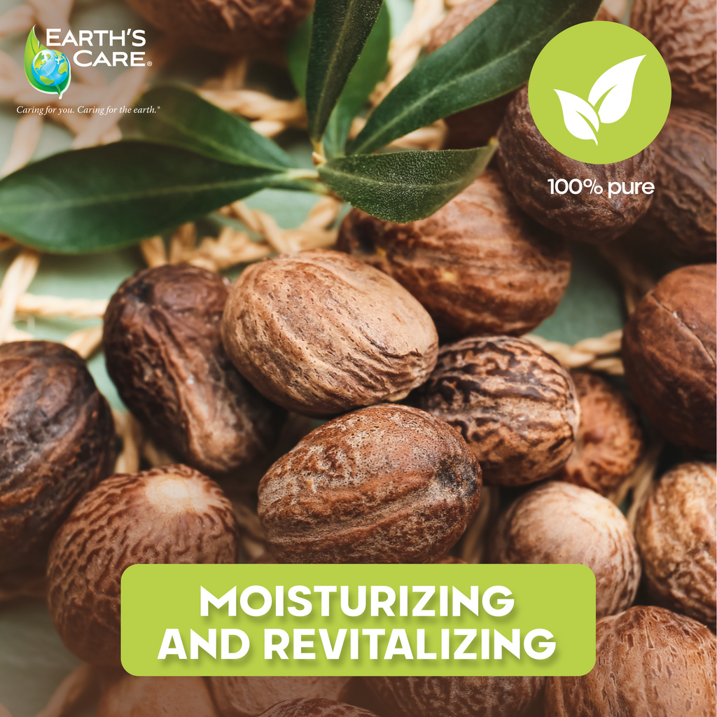 Close-up of brown nuts with green leaves and 'Earth's Care' branding, emphasizing purity and natural benefits.