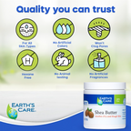 Earth's Care shea butter container with quality assurance icons on a white background