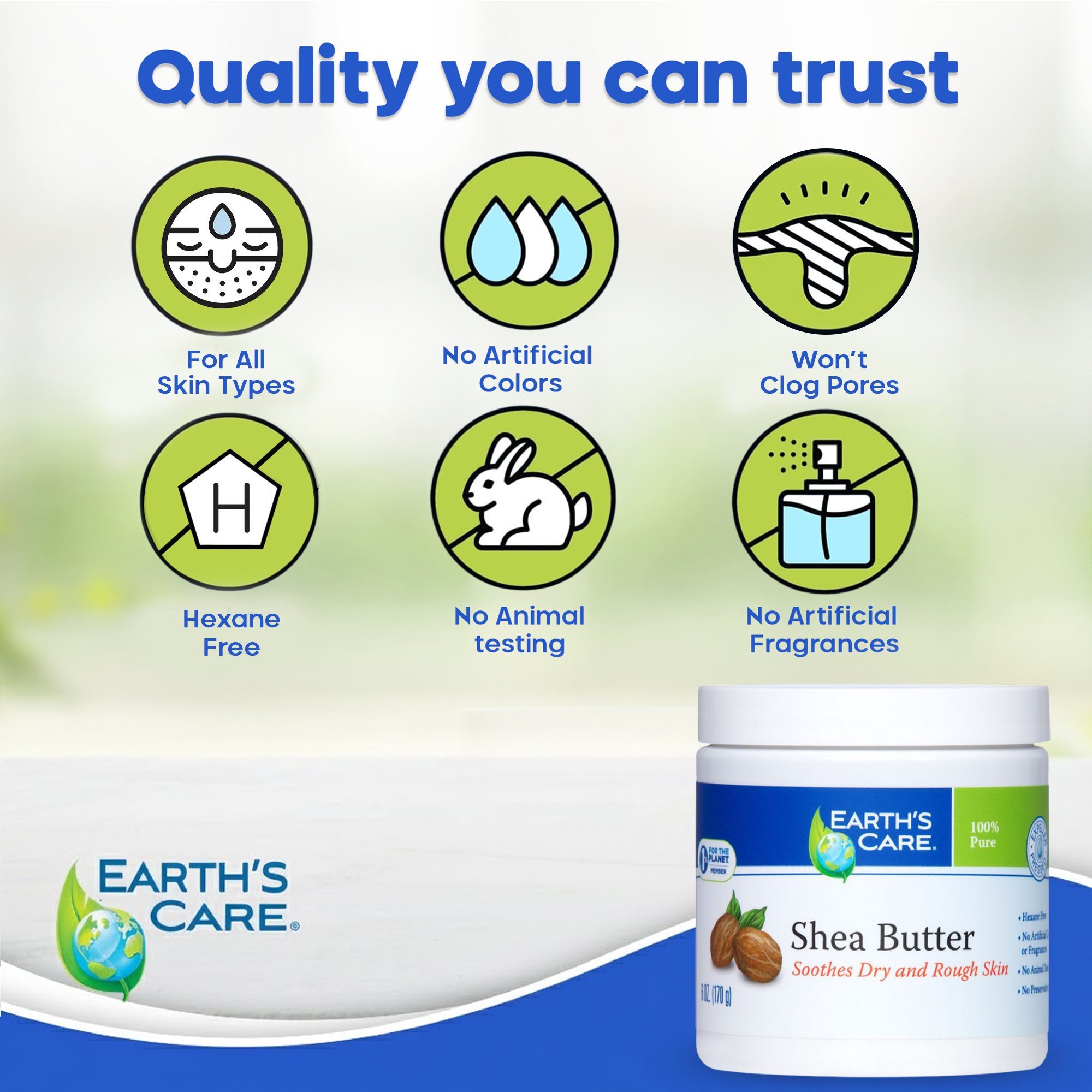 Earth's Care shea butter container with quality assurance icons on a white background
