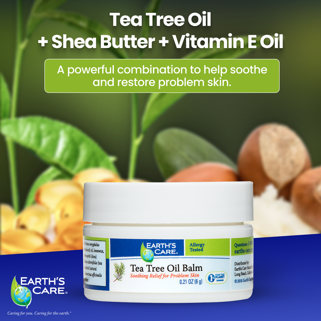 Earth's Care Tea Tree Oil Balm jar shown against a botanical background with green leaves, tea tree leaves, and nuts. Text at the top reads 'Tea Tree Oil + Shea Butter + Vitamin E Oil' and describes the benefits of the combination.
