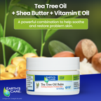Earth's Care Tea Tree Oil Balm jar shown against a botanical background with green leaves, tea tree leaves, and nuts. Text at the top reads 'Tea Tree Oil + Shea Butter + Vitamin E Oil' and describes the benefits of the combination.