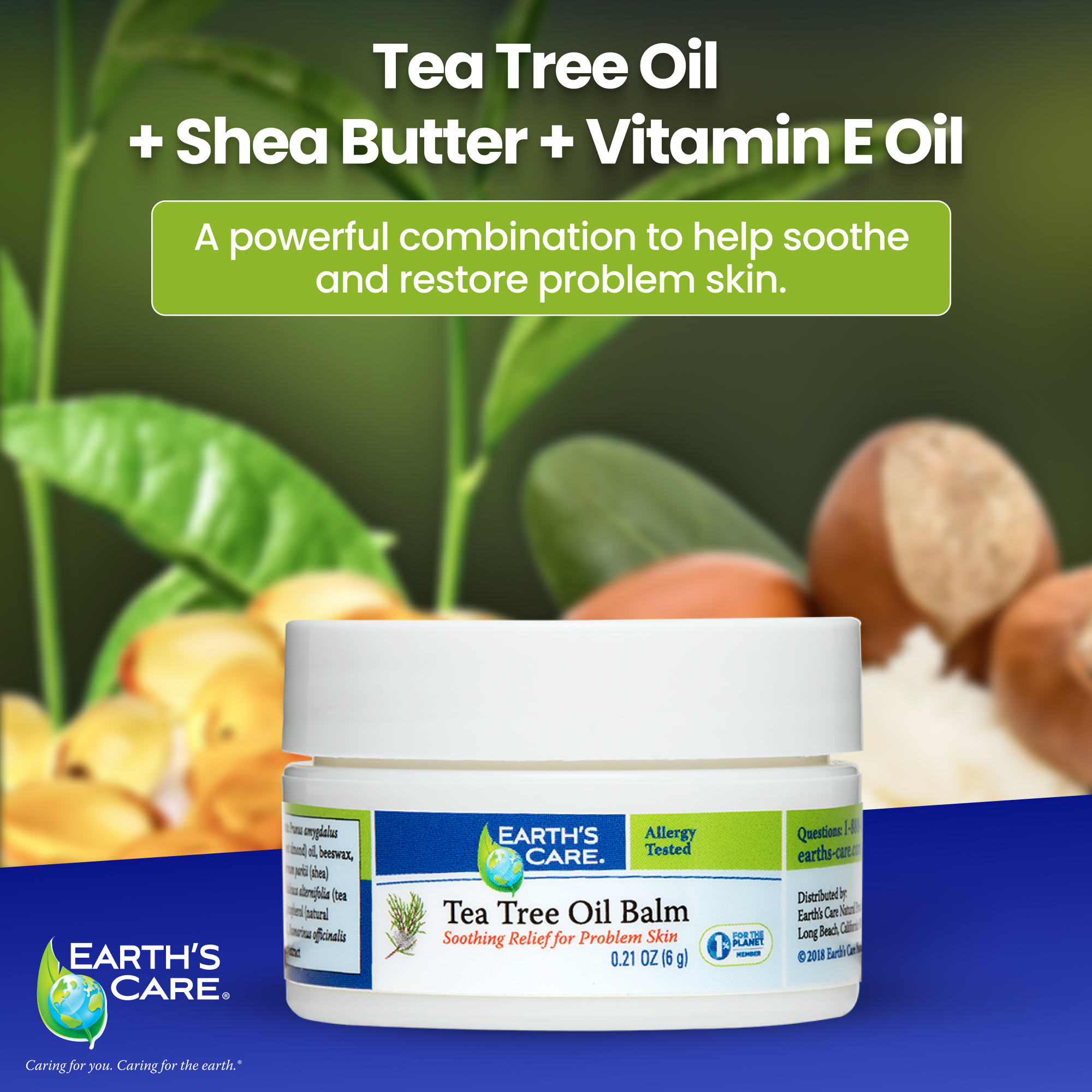 Earth's Care Tea Tree Oil Balm jar shown against a botanical background with green leaves, tea tree leaves, and nuts. Text at the top reads 'Tea Tree Oil + Shea Butter + Vitamin E Oil' and describes the benefits of the combination.