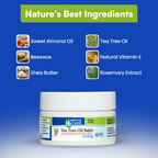 Earth's Care Tea Tree Oil Balm jar on a blue promotional background with ingredient callouts including Sweet Almond Oil, Beeswax, Shea Butter, Tea Tree Oil, Natural Vitamin E, and Rosemary Extract.