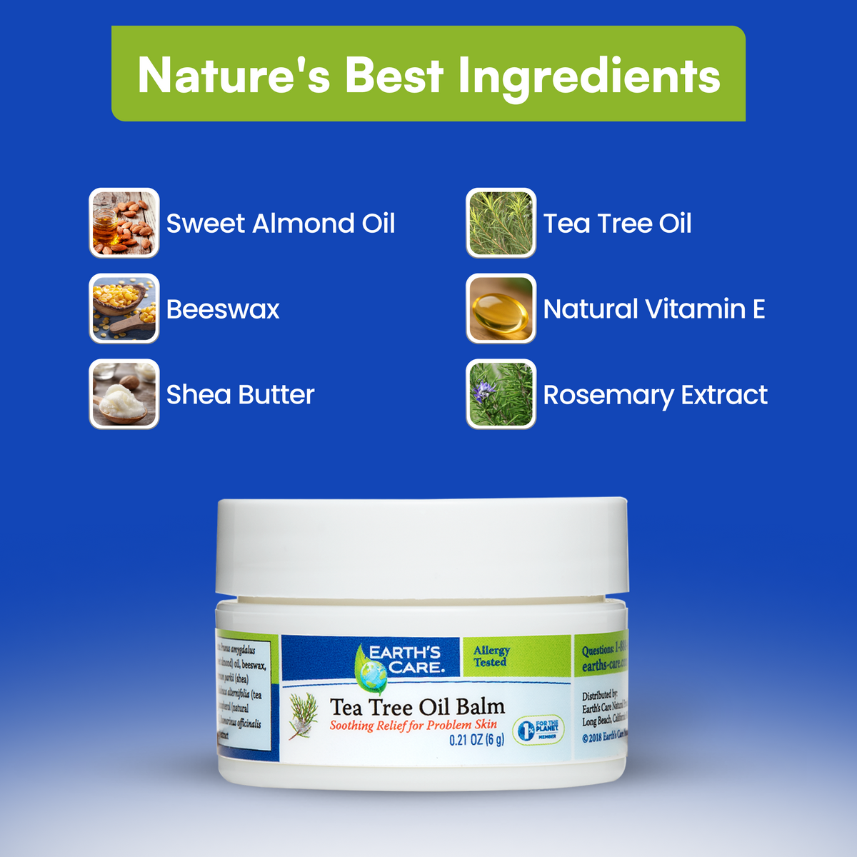 Earth's Care Tea Tree Oil Balm jar on a blue promotional background with ingredient callouts including Sweet Almond Oil, Beeswax, Shea Butter, Tea Tree Oil, Natural Vitamin E, and Rosemary Extract.