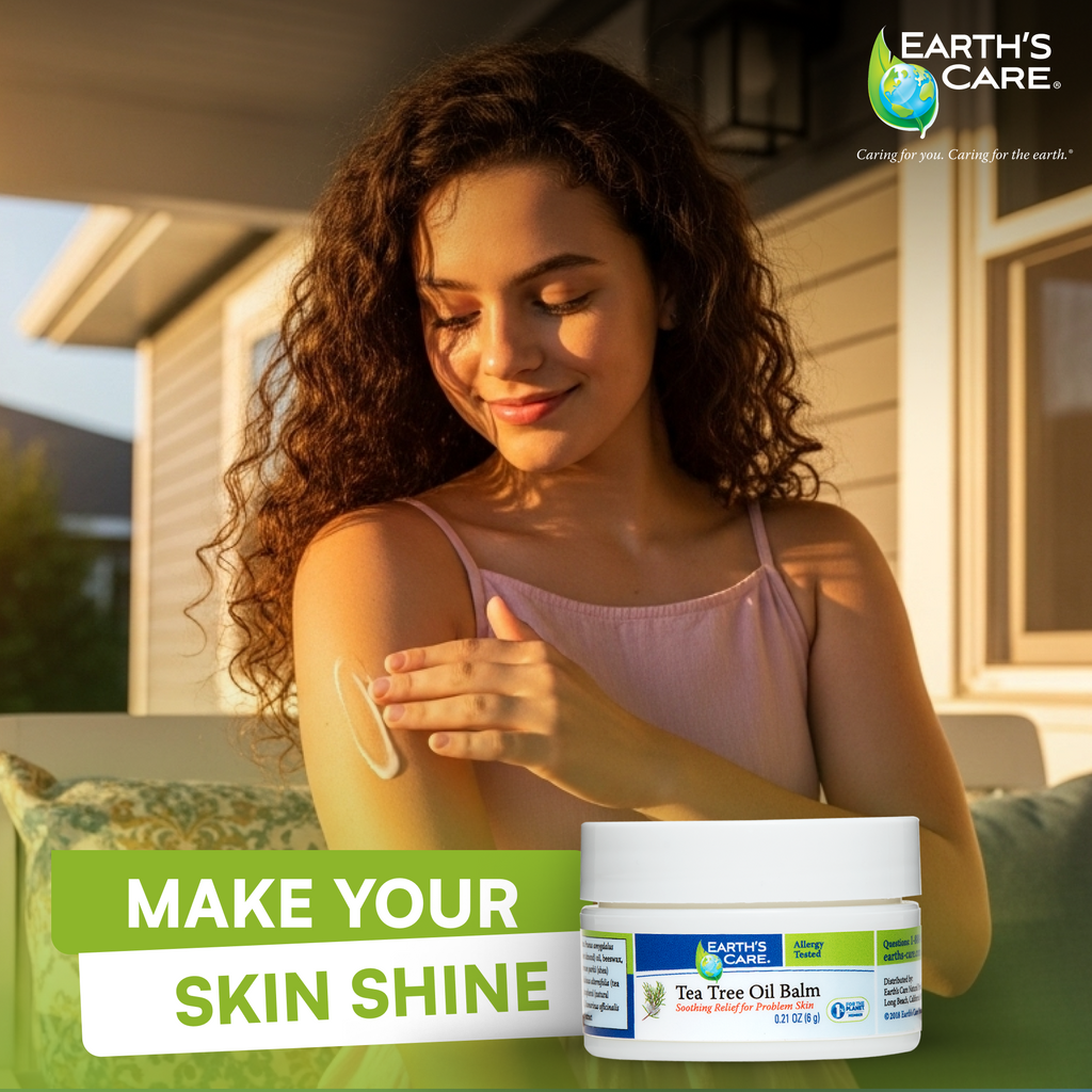 A woman outdoors applies cream to her upper arm while a jar of Earth's Care Tea Tree Oil Balm is shown in the foreground. The scene includes promotional text reading 'MAKE YOUR SKIN SHINE' and the Earth's Care logo in the top right.