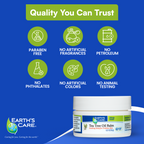 Earth's Care Tea Tree Oil Balm jar on a blue promotional background with green icons stating Quality You Can Trust: paraben free, no artificial fragrances, no petroleum, no phthalates, no artificial colors, and no animal testing.