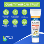 Earth's Care Acne Spot Treatment Vaseline 10% Sulfur tube on a blue promotional background with green icons highlighting product benefits such as no animal testing, no artificial fragrances, and vegan formula.