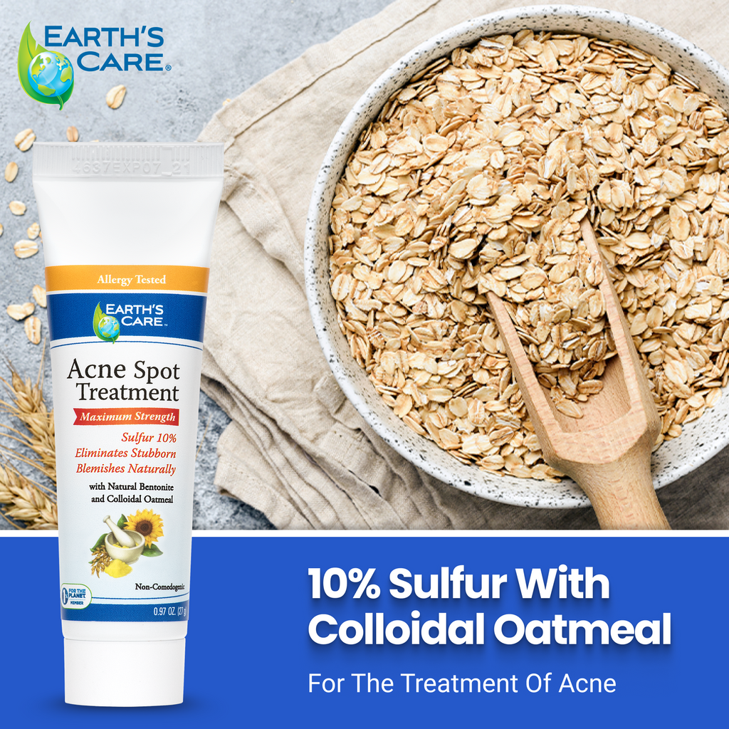Earth's Care Acne Spot Treatment tube shown next to a bowl of oats on a textured gray surface, with text reading '10% Sulfur With Colloidal Oatmeal' and 'For The Treatment Of Acne'.