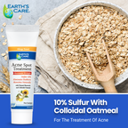 Earth's Care Acne Spot Treatment tube shown next to a bowl of oats on a textured gray surface, with text reading '10% Sulfur With Colloidal Oatmeal' and 'For The Treatment Of Acne'.