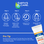 Earth's Care acne spot treatment product with step-by-step instructions on a blue background