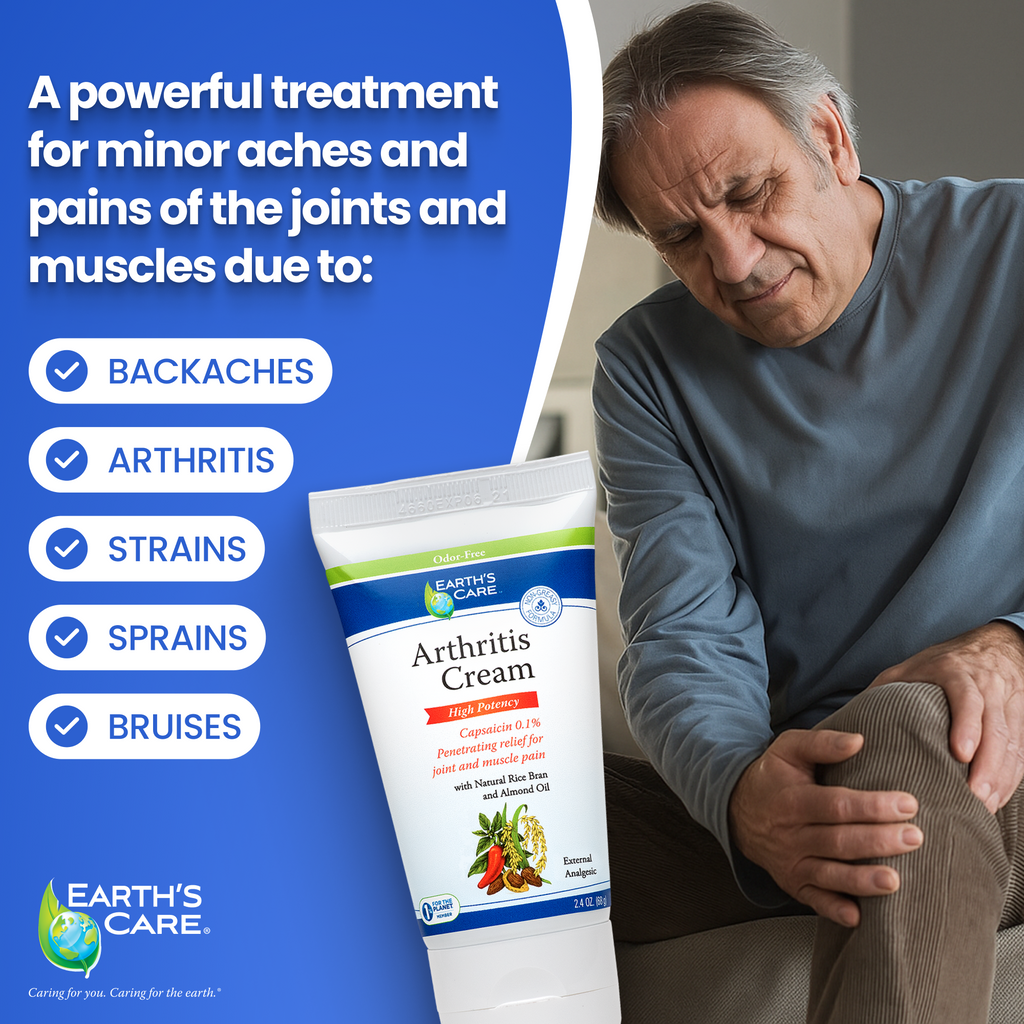 Man with joint pain holding his knee next to Earth's Care Arthritis Cream packaging on a blue background.