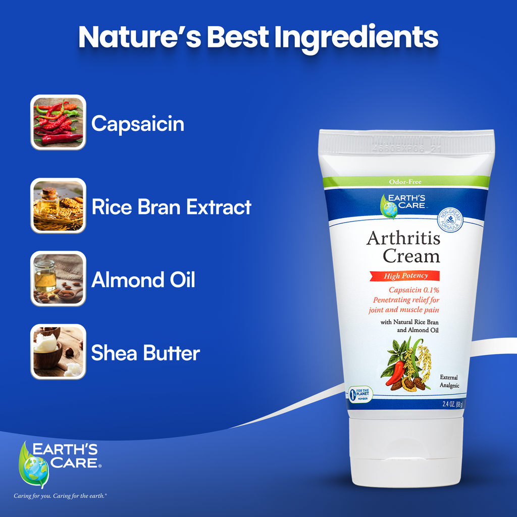 Earth's Care Arthritis Cream with ingredients listed on a blue background