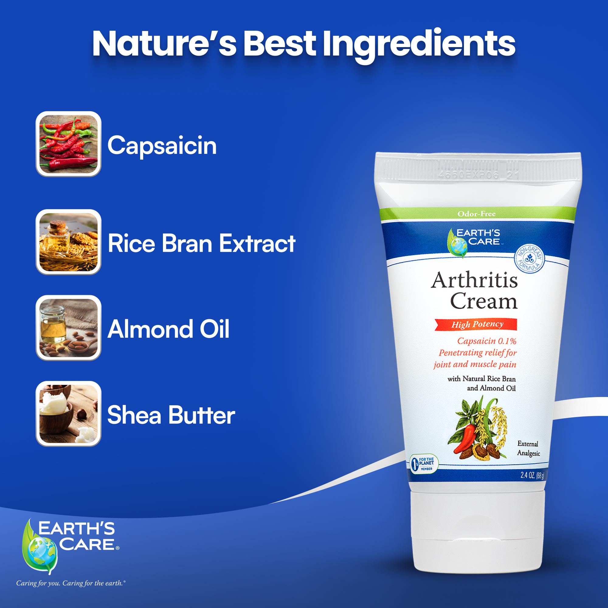 Earth's Care Arthritis Cream with ingredients listed on a blue background