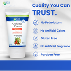 Earth's Care Arthritis Cream tube shown on a white and blue promotional graphic with text highlighting product benefits such as no petrolatum, no artificial colors, gluten free, no artificial fragrance, and paraben free.