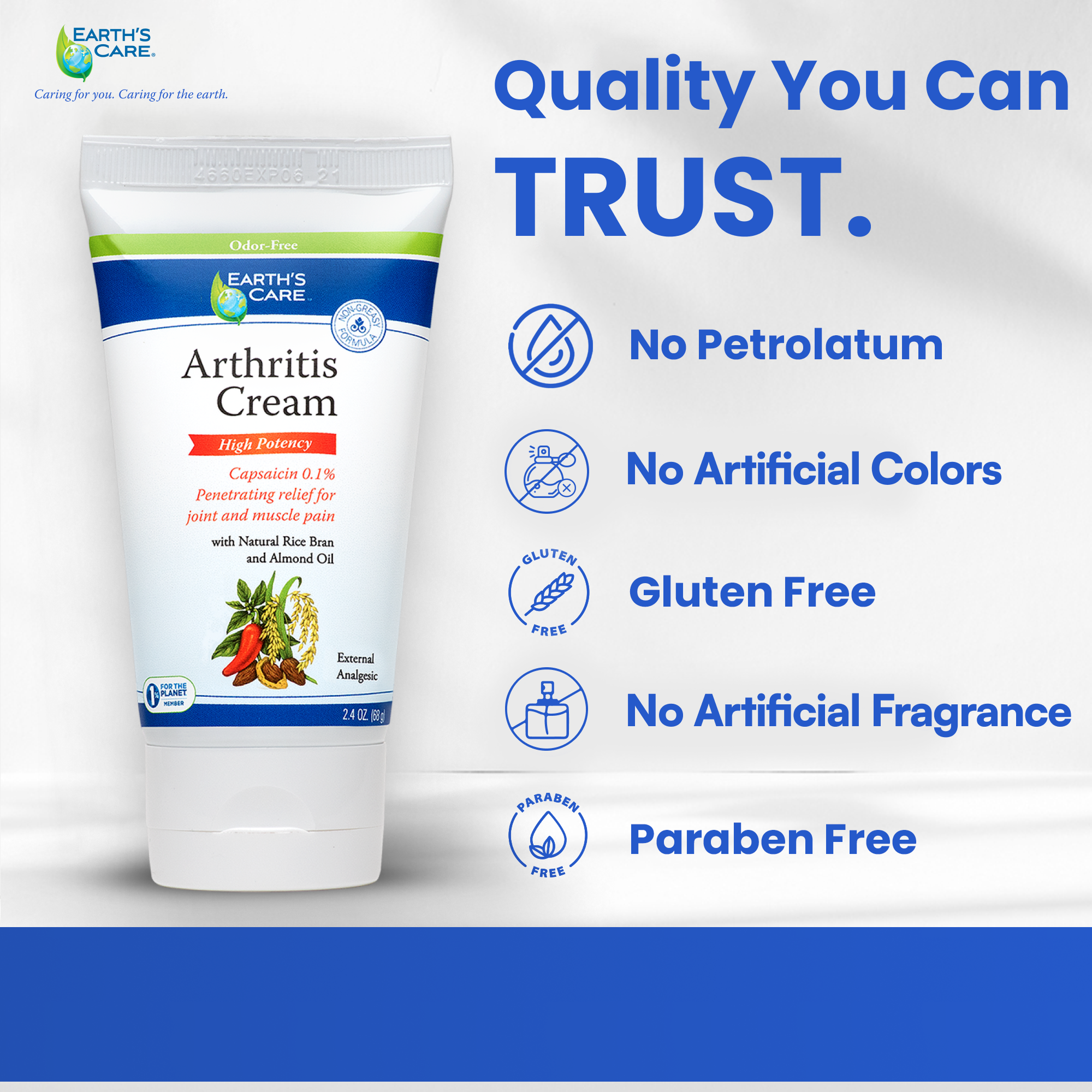 Earth's Care Arthritis Cream tube shown on a white and blue promotional graphic with text highlighting product benefits such as no petrolatum, no artificial colors, gluten free, no artificial fragrance, and paraben free.