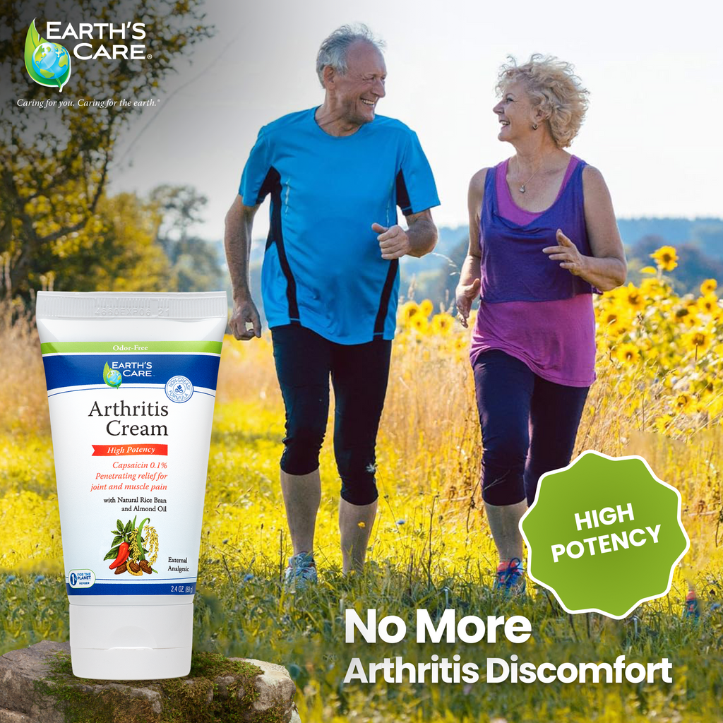Earth's Care Arthritis Cream tube shown in the foreground with a lifestyle background of an elderly couple jogging in a sunflower field. The image includes text overlays 'No More Arthritis Discomfort' and a green badge reading 'HIGH POTENCY'.