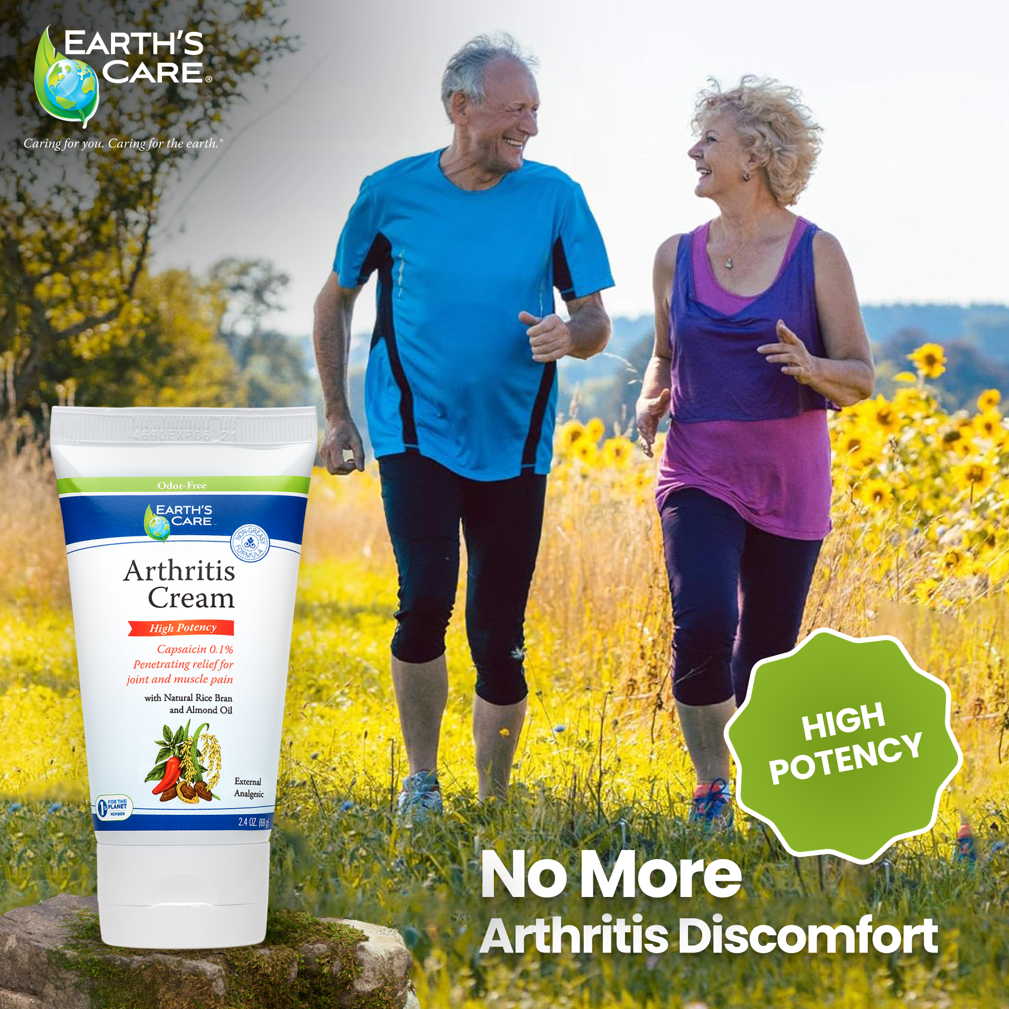 Earth's Care Arthritis Cream tube shown in the foreground with a lifestyle background of an elderly couple jogging in a sunflower field. The image includes text overlays 'No More Arthritis Discomfort' and a green badge reading 'HIGH POTENCY'.