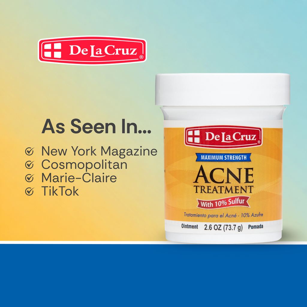 De La Cruz Maximum Strength Acne Treatment ointment jar on a yellow-to-blue gradient background with 'As Seen In.