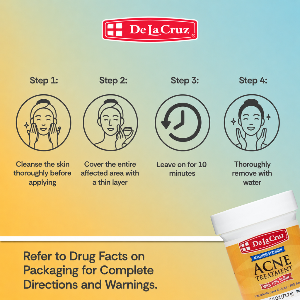 De La Cruz Acne Treatment infographic showing a four-step application process with illustrated icons and text, alongside a partial product bottle in the bottom right corner on a yellow-to-blue gradient background.