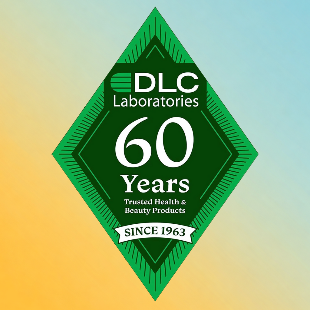 A green diamond-shaped logo badge with the text 'DLC Laboratories 60 Years Trusted Health & Beauty Products Since 1963' centered on a soft yellow-to-blue gradient background.