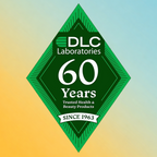 A green diamond-shaped logo badge with the text 'DLC Laboratories 60 Years Trusted Health & Beauty Products Since 1963' centered on a soft yellow-to-blue gradient background.