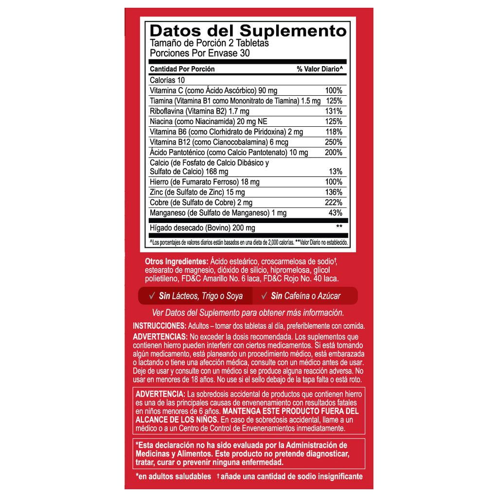 Globulo Rojo® Dietary Supplement with High Potency Iron & B Vitamins, 60 Tablets