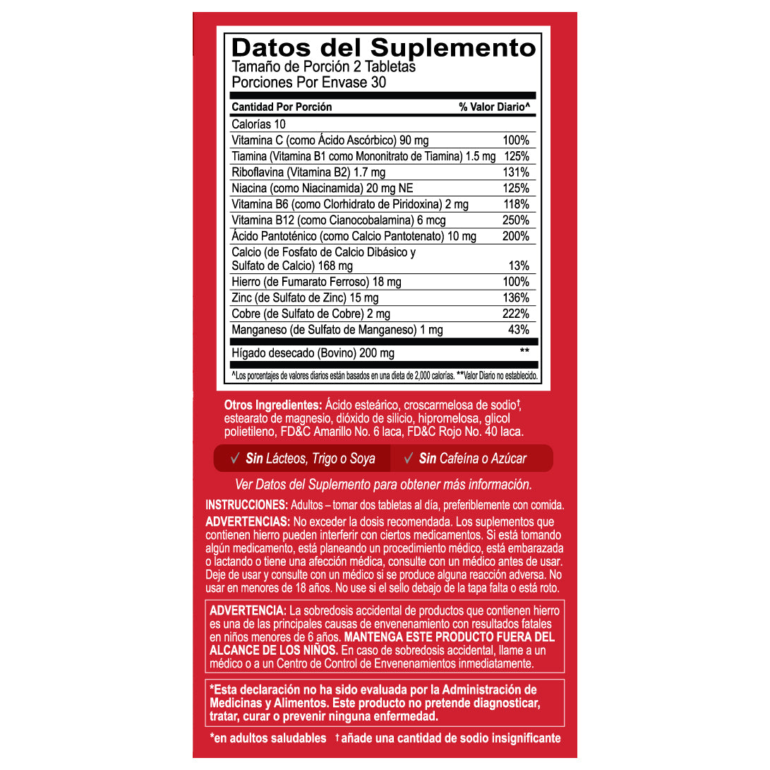 Globulo Rojo® Dietary Supplement with High Potency Iron & B Vitamins, 60 Tablets