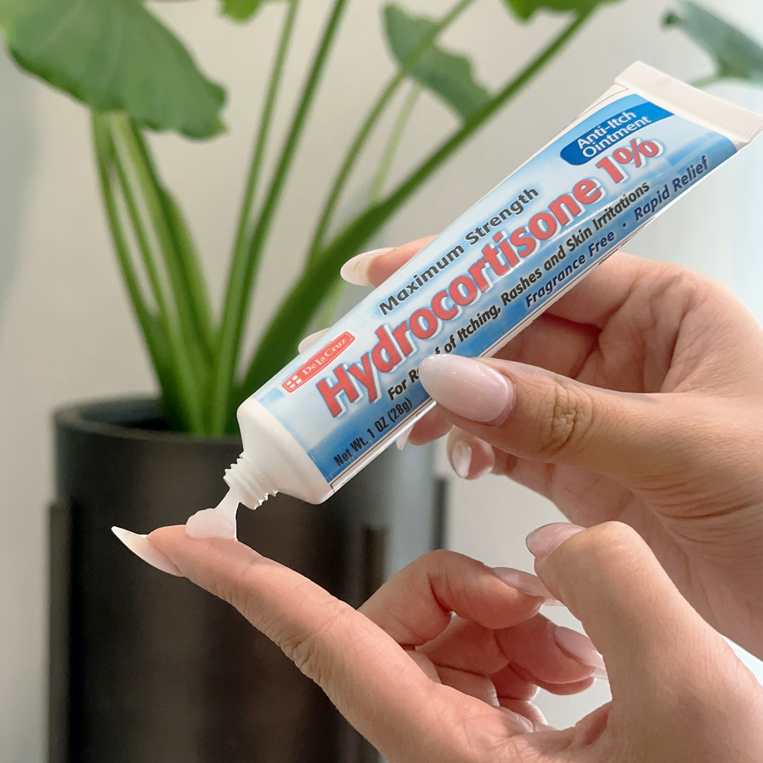 Hand squeezing Hydrocortisone 1% Ointment onto finger with a green plant on a black vase in the background. 