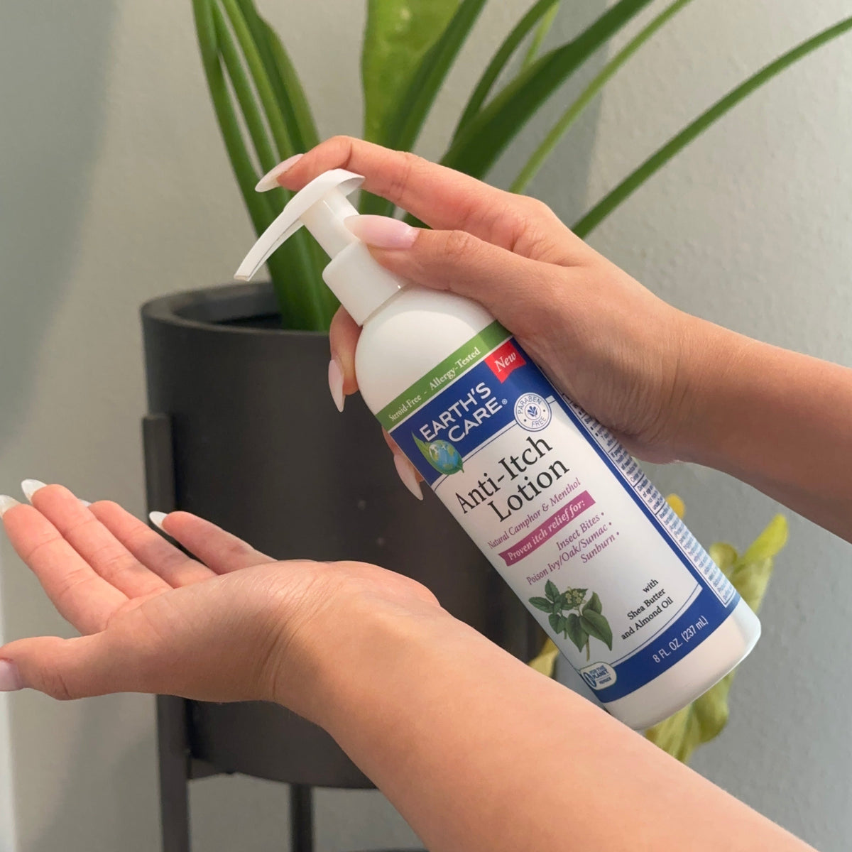 A person's hands holding a bottle of Earth's Care Anti-Itch Lotion over their open palm, with a green potted plant in the background.