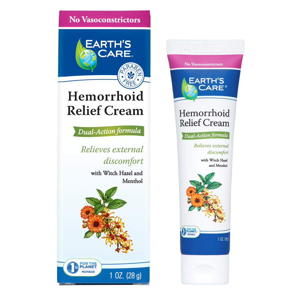 Earth's Care Hemorrhoid Cream tube shown next to it's box package.