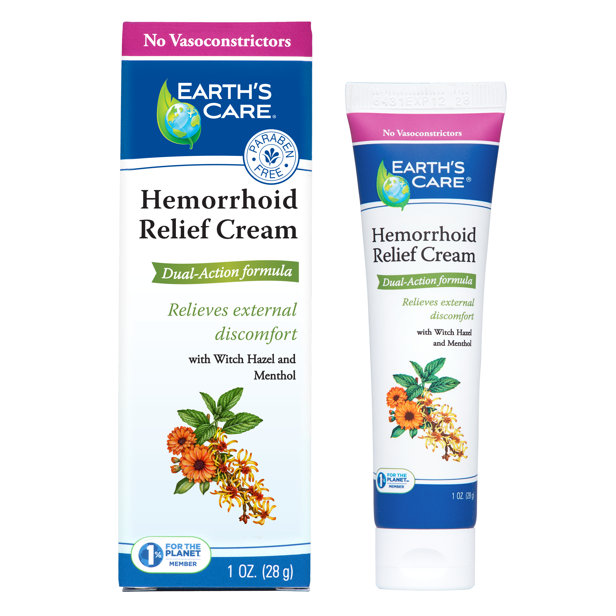 Earth's Care Hemorrhoid Cream tube shown next to it's box package.