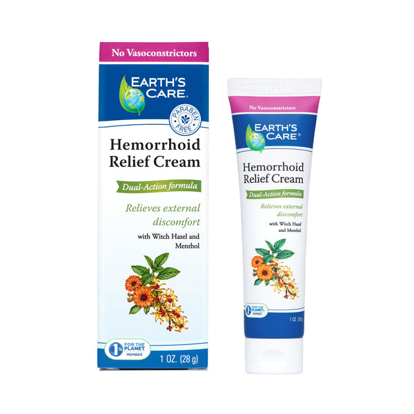 Earth's Care Hemorrhoid Relief Cream shown in both its cardboard box and squeeze tube packaging on a plain white background.