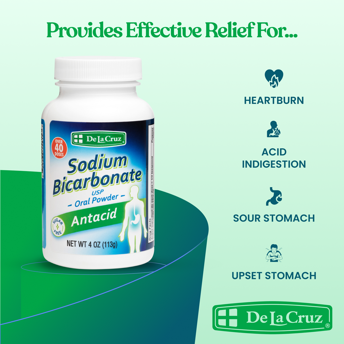 De La Cruz Sodium Bicarbonate USP oral powder antacid bottle on a mint green background with text listing relief benefits for heartburn, acid indigestion, sour stomach, and upset stomach.