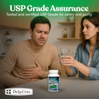 Man with chest pain and woman holding water, with a bottle of De La Cruz Sodium Bicarbonate on a kitchen counter.