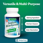 A bottle of De La Cruz Sodium Bicarbonate oral powder shown on a green gradient background with marketing text reading 'Versatile & Multi-Purpose' and callouts for baking ingredient, kitchen cleaner, and odor neutralizer.