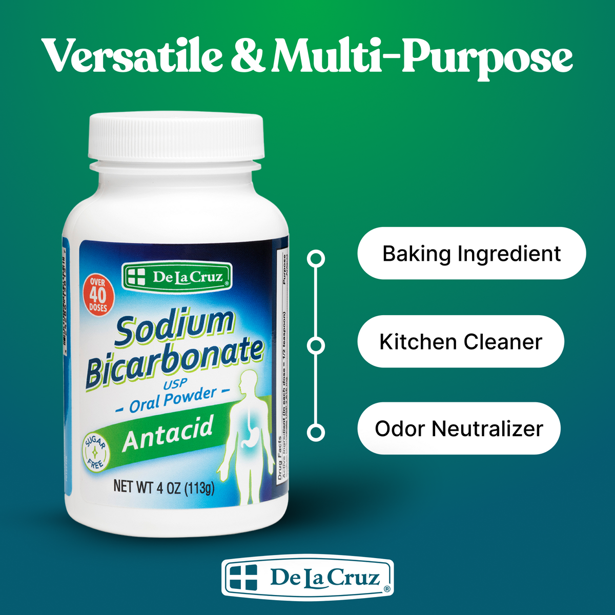 A bottle of De La Cruz Sodium Bicarbonate oral powder shown on a green gradient background with marketing text reading 'Versatile & Multi-Purpose' and callouts for baking ingredient, kitchen cleaner, and odor neutralizer.