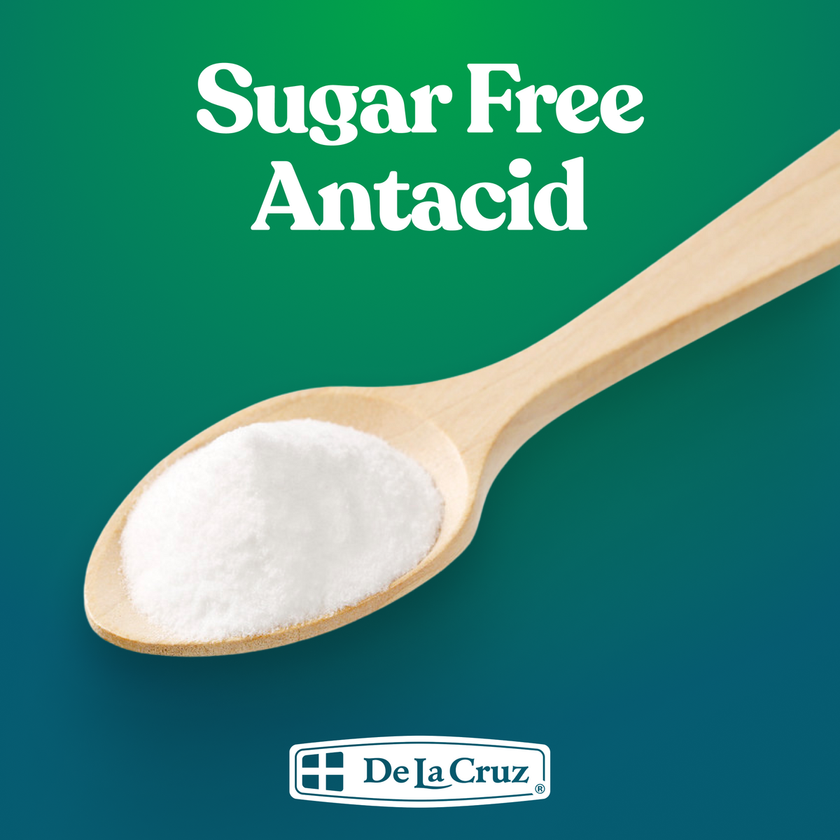 Wooden spoon with sugar-free antacid powder against a green background, featuring De La Cruz brand logo.