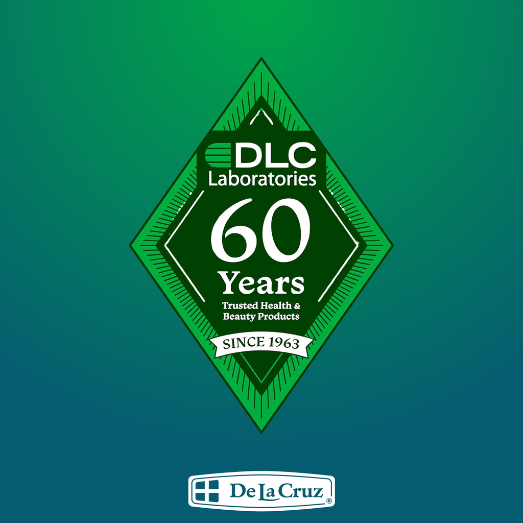 A green and blue gradient graphic celebrating 60 years of DLC Laboratories, with a central diamond-shaped emblem and a De La Cruz logo at the bottom.