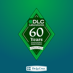 A green and blue gradient graphic celebrating 60 years of DLC Laboratories, with a central diamond-shaped emblem and a De La Cruz logo at the bottom.