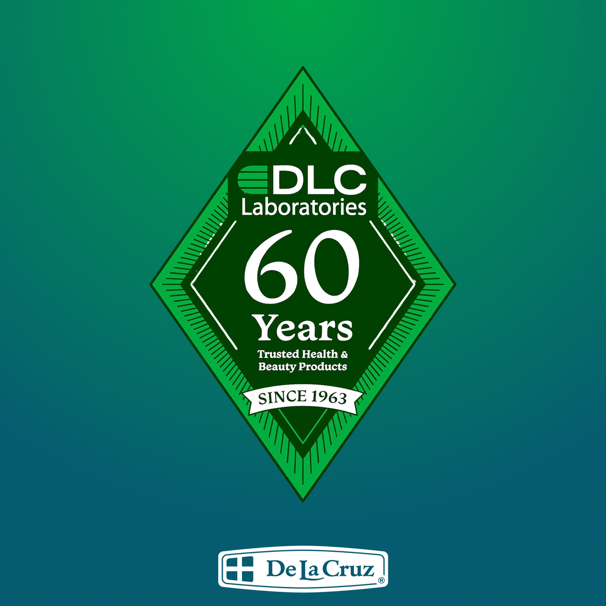 A green and blue gradient graphic celebrating 60 years of DLC Laboratories, with a central diamond-shaped emblem and a De La Cruz logo at the bottom.