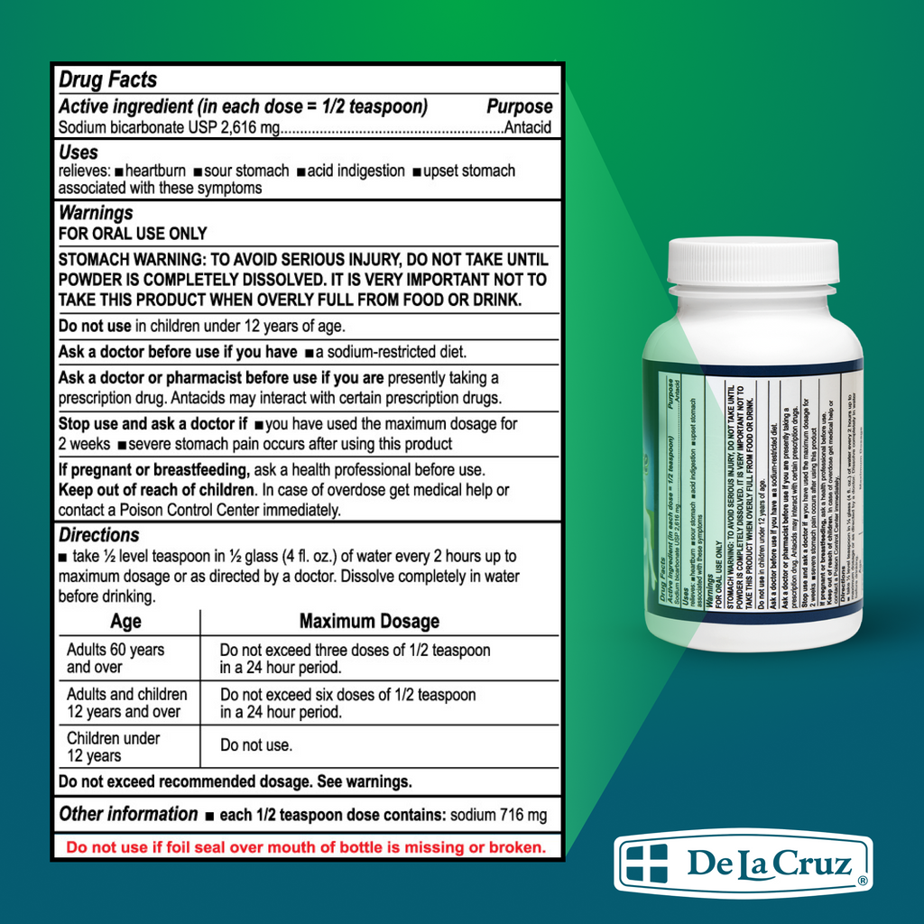 Bottle of De La Cruz medication with drug facts label on a green background