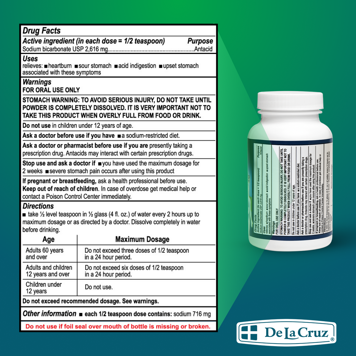 Bottle of De La Cruz medication with drug facts label on a green background