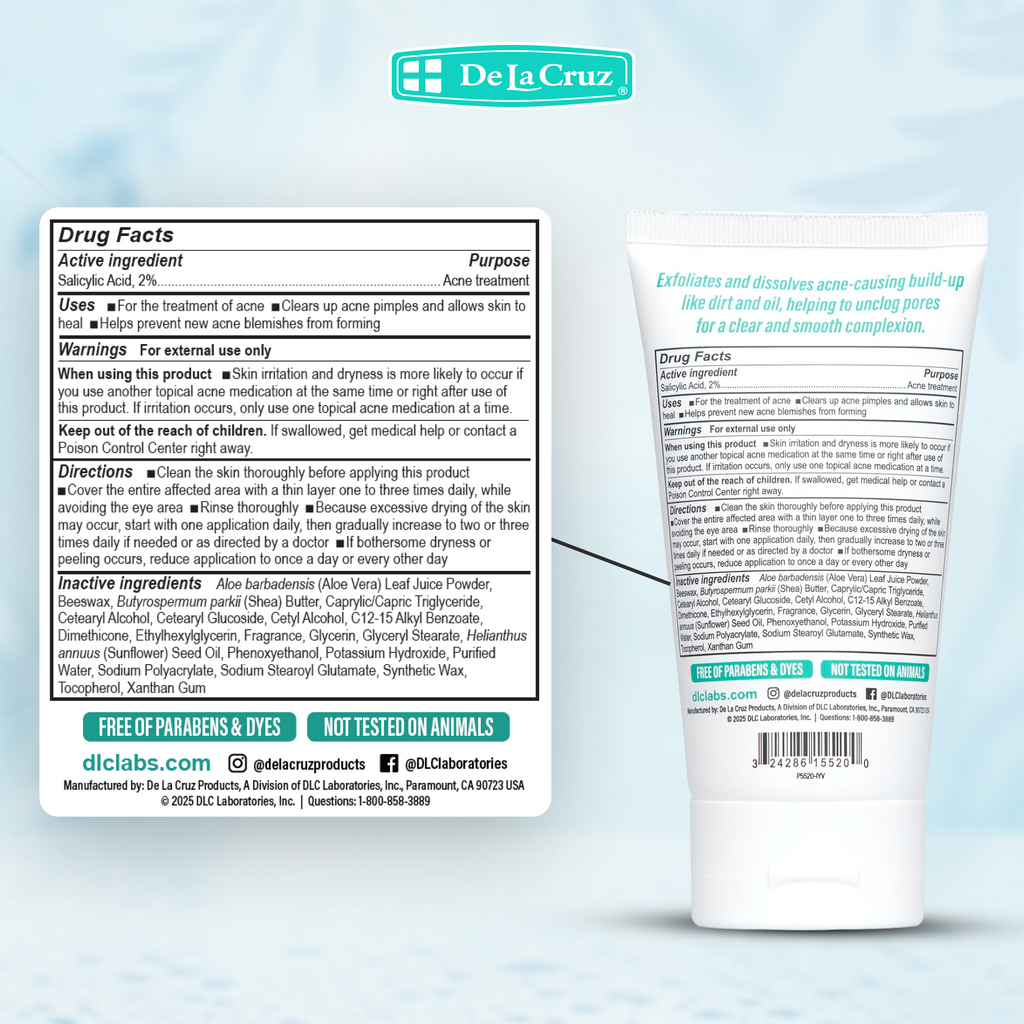 A white tube of De la Cruz Acne Treatment with a detailed product label on the left, shown against a plain white background.