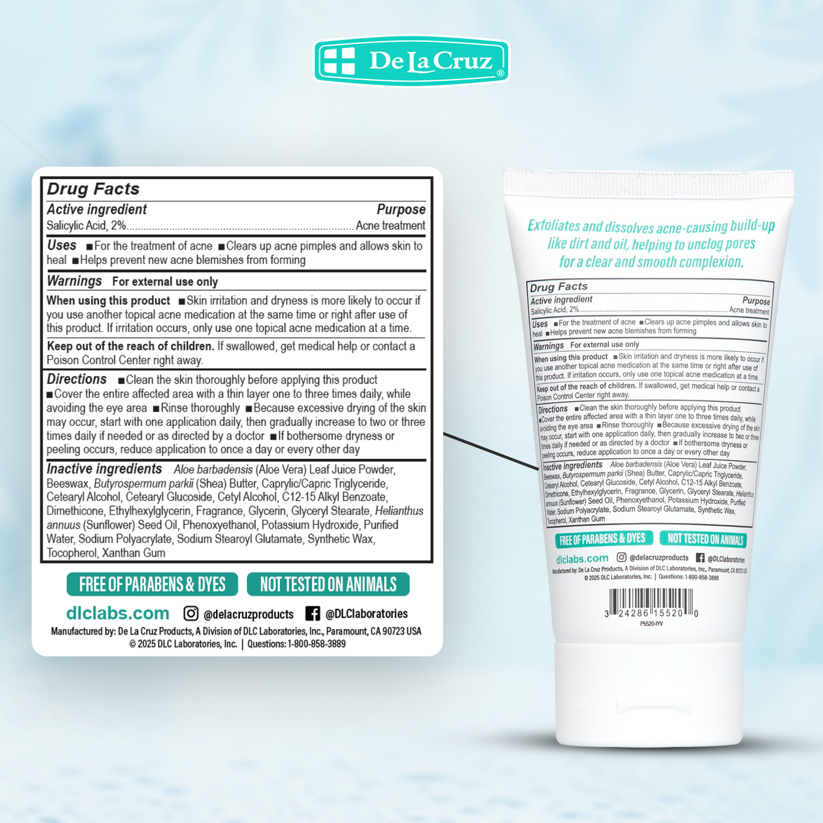 A white tube of De la Cruz Acne Treatment with a detailed product label on the left, shown against a plain white background.