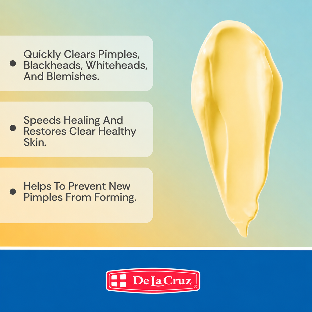A promotional graphic for De La Cruz skincare showing a cream-colored product smear on a light blue-to-yellow gradient background with three bullet points describing skin benefits, and the De La Cruz logo at the bottom.