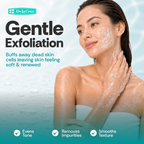 Promotional skincare graphic for De La Cruz Gentle Exfoliation, showing a woman with white exfoliating foam on her face and neck against a light aqua water-textured background. Large text reads 'Gentle Exfoliation' with smaller copy about buffing away dead skin cells and three benefit icons at the bottom.