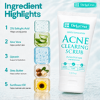 De La Cruz Acne Clearing Scrub tube shown next to an ingredient highlights graphic listing 5 key ingredients: 2% Salicylic Acid, Aloe Vera, Glycerin, Shea Butter, and Sunflower Oil, with corresponding ice cube illustrations.