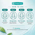 Instructional graphic for De La Cruz skincare showing four steps: wet skin, massage gently, rinse thoroughly, and use as needed, with illustrated faces and a disclaimer at the bottom on a light blue background.